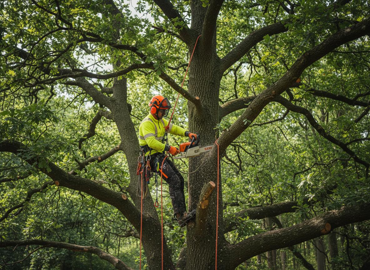 Arborista v pracovním postroji při prořezu koruny stromu